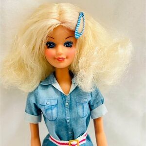 Vintage Blonde Fashion Doll Totsy in Blue Dress with Pink-White Belt